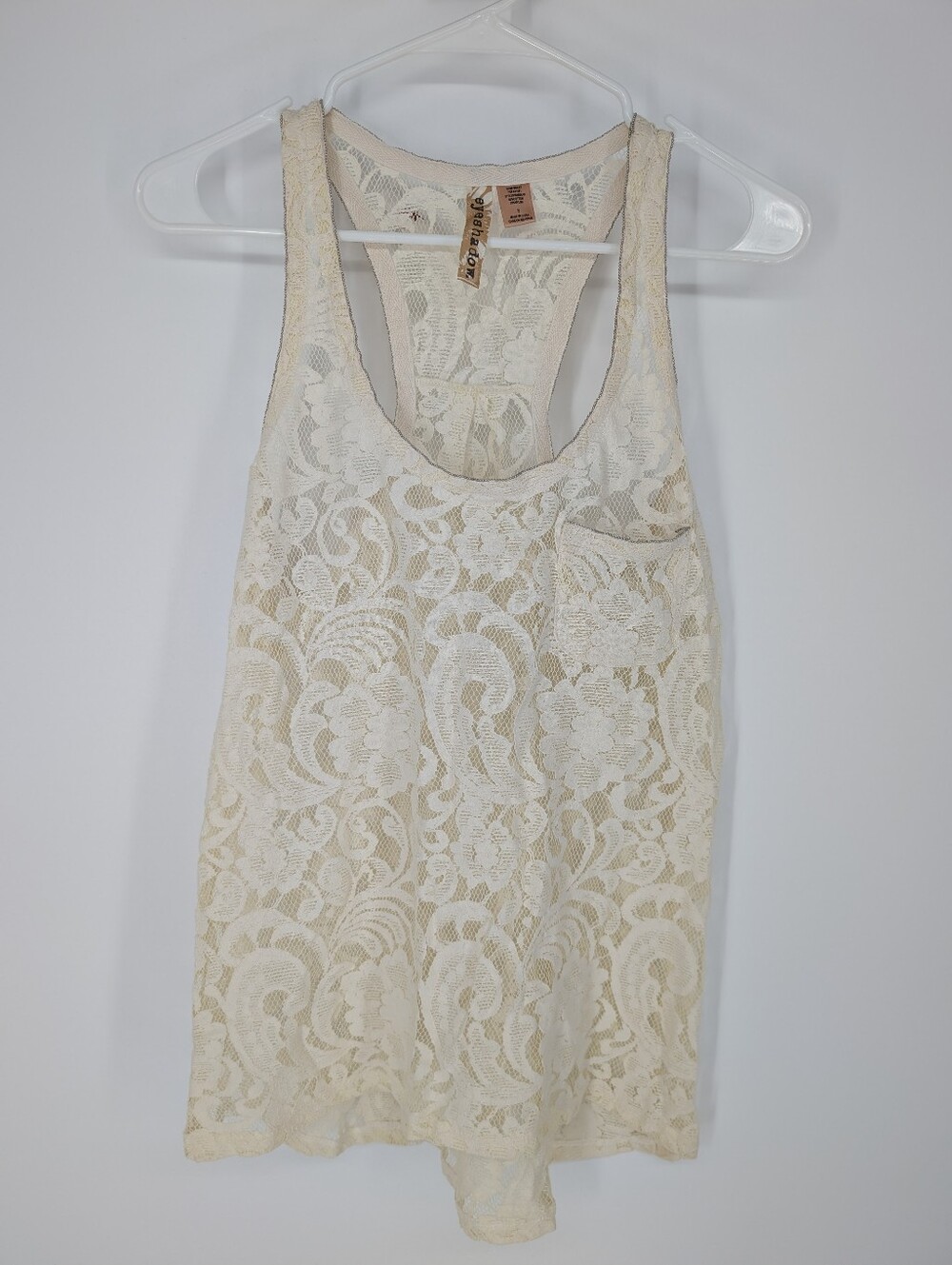 Lace Coquette Tank S Cream Sheer Floral Beaded Trim Boho Racerback Layering New